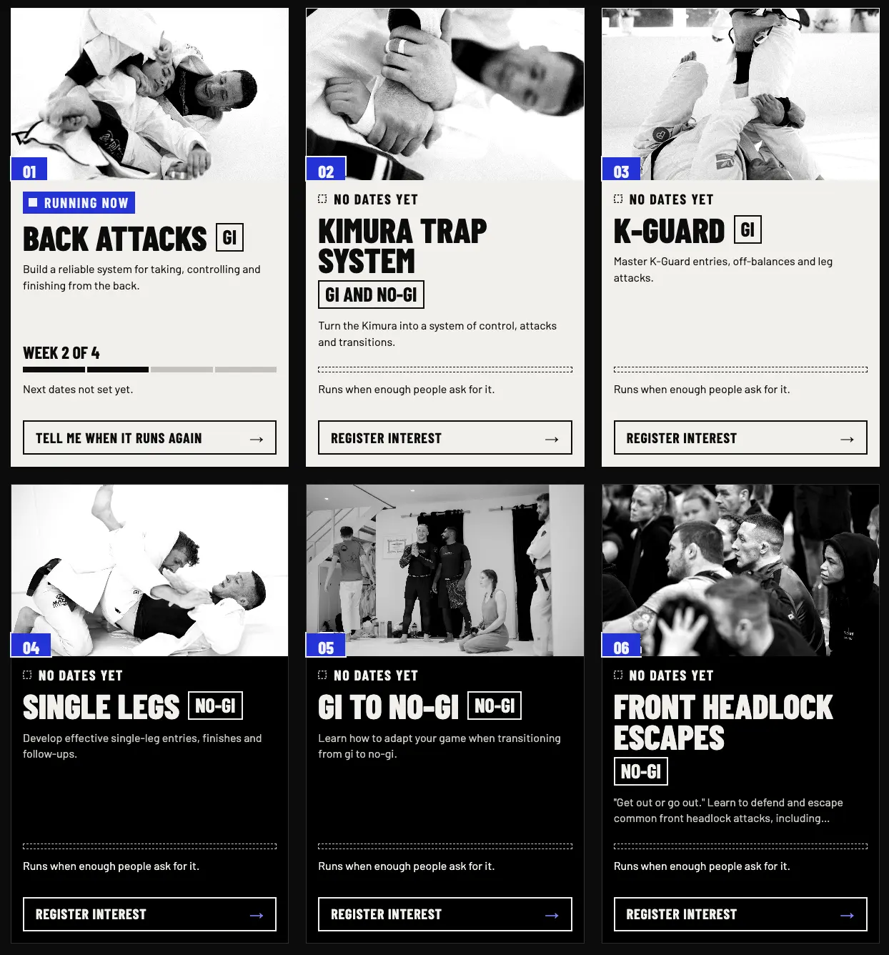 Six workshop cards in the Build Your Game layout: Back Attacks running now, week 2 of 4; Kimura Trap System, K-Guard, Single Legs, Gi to No-Gi and Front Headlock Escapes, each with Register interest